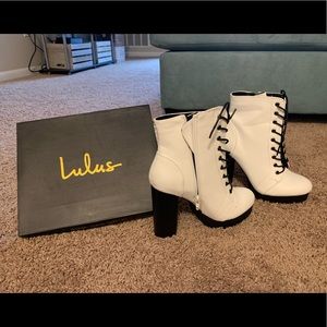 Lulu’s White Lace-Up Platform Moto Boot